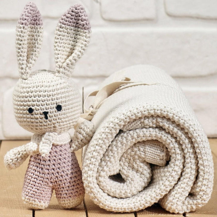 Organic Baby Blanket with Pink Crochet Bunny