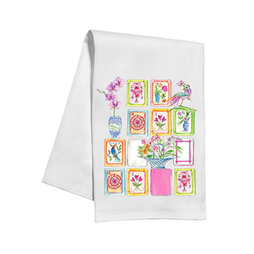 Mahjong Tiles with Birds and Flowers Tea Towel
