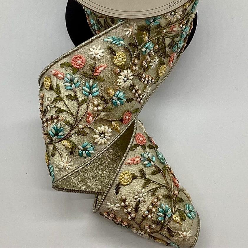 Platinum Metallic Dupion with Multicolor Jewel Floral Appliqué Ribbon
