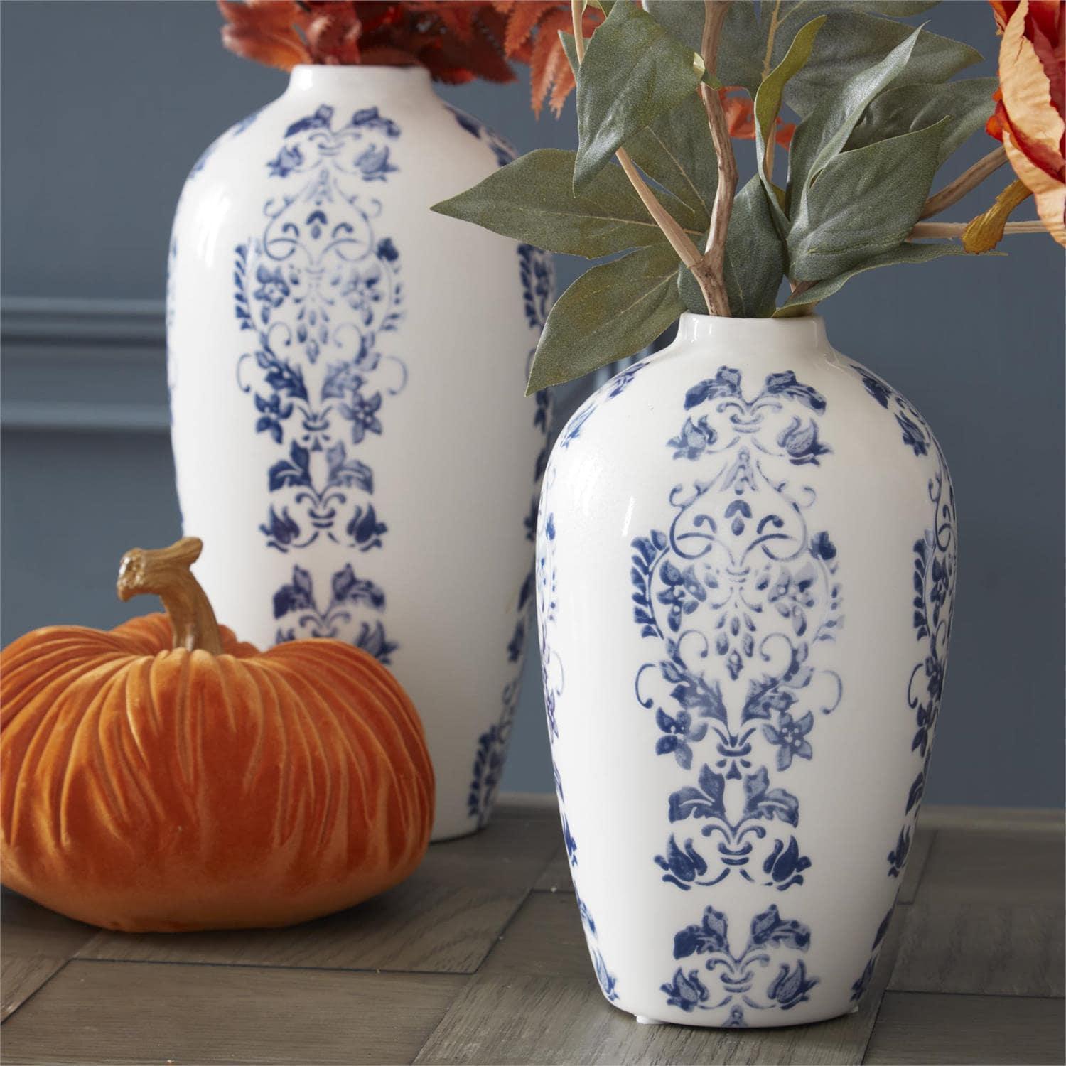Blue & White Floral Striped Vase