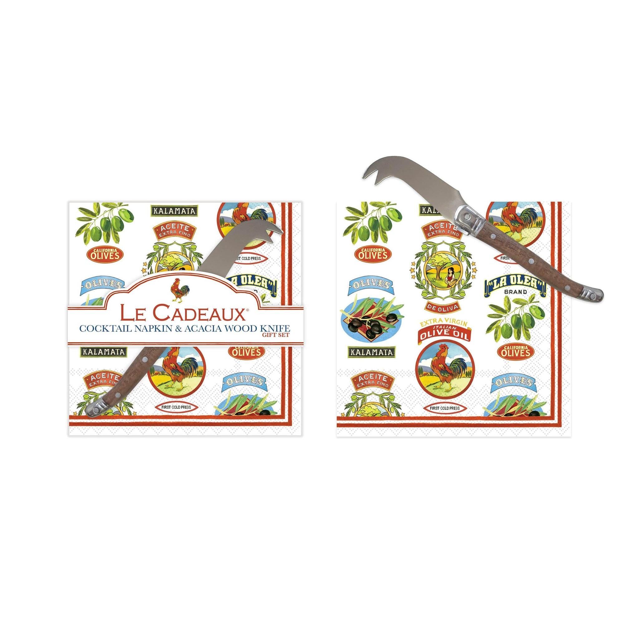 Vintage Olive Cocktail Napkins & Cheese Knife Set