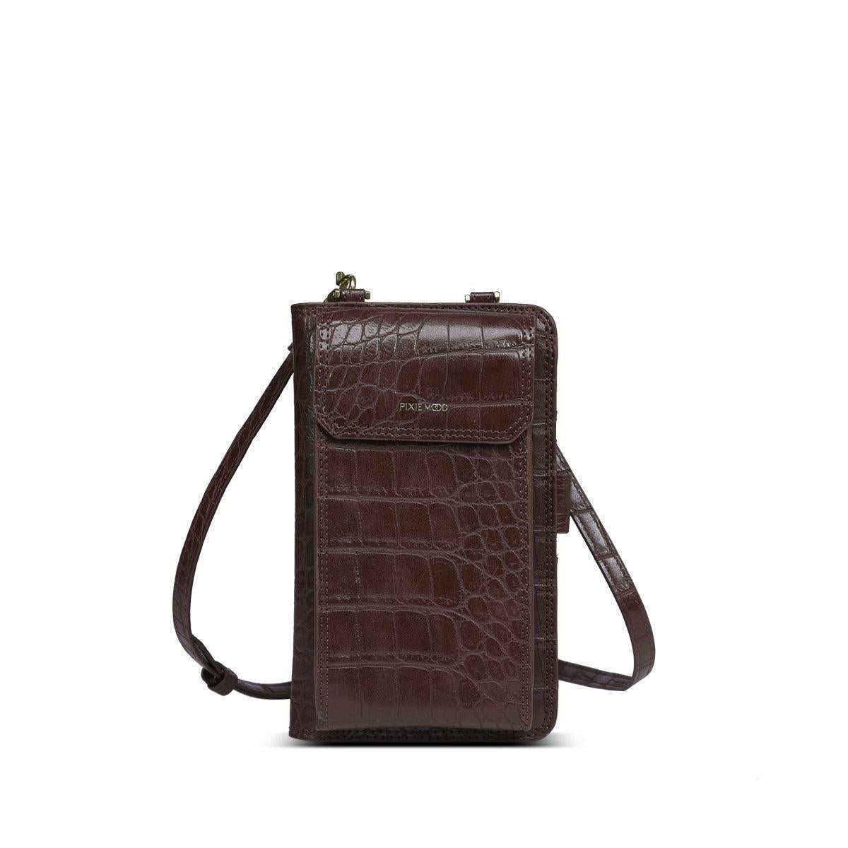 Rae Phone Crossbody Bag | Brown Mock Croc