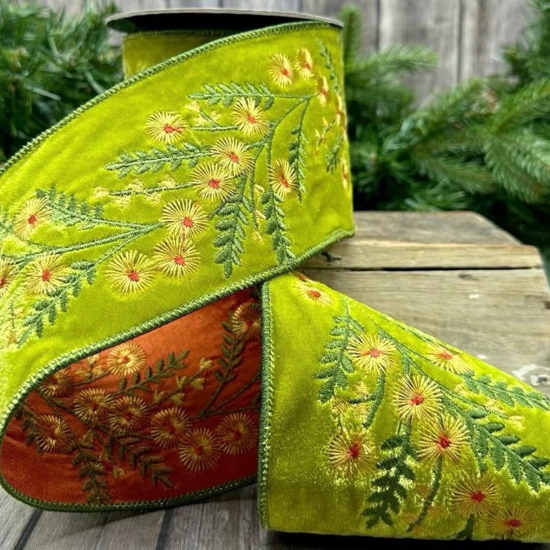 Green Faux Velvet with Embroidered Yellow Aster Ribbon
