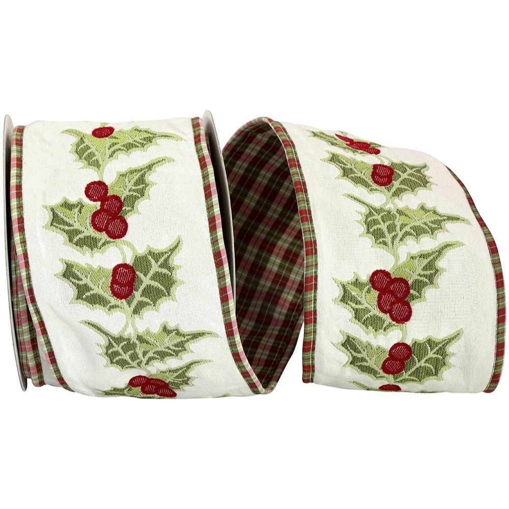 Embroidery Holly Plaid Back Wired Edge Ribbon