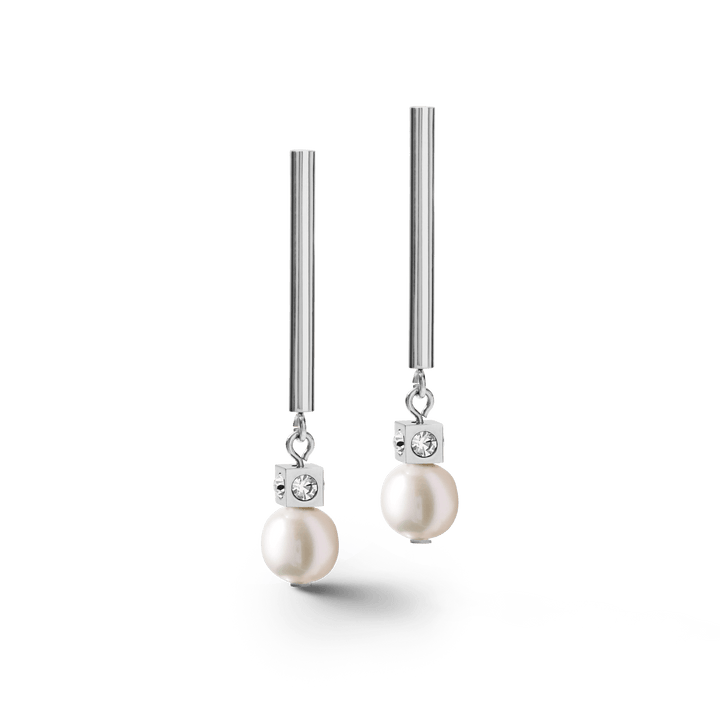 Earrings Asymmetry freshwater pearls & stainless steel white-silver