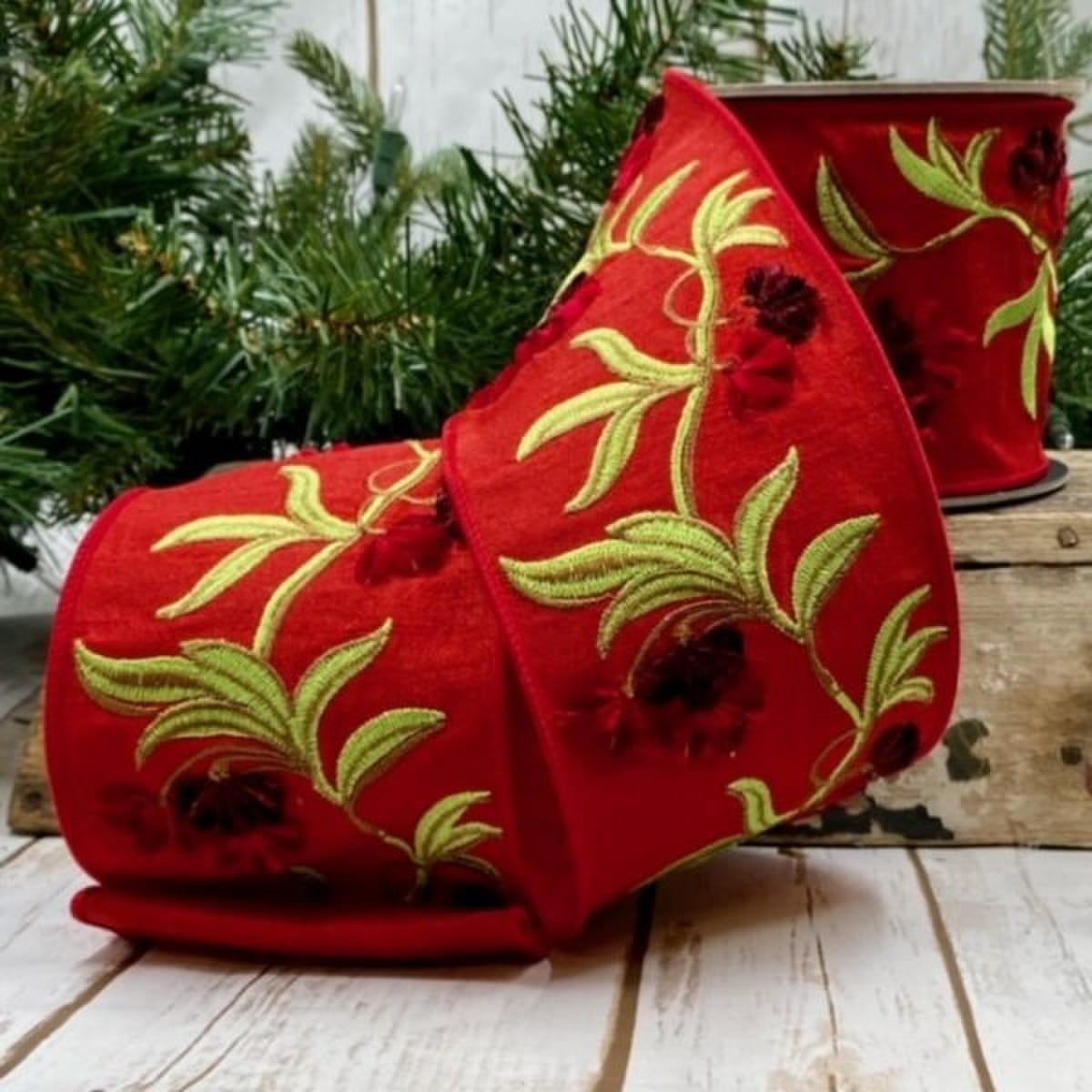 Wired Embroidery Flower Red Dupion Ribbon