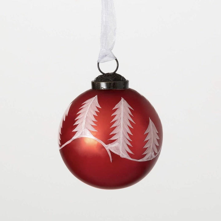 Red Glass Ball Ornament with Painted Trees