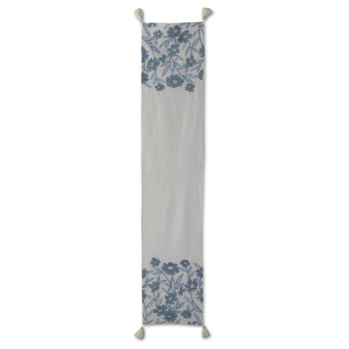 White & Blue  Embroidered Floral Linen Runner