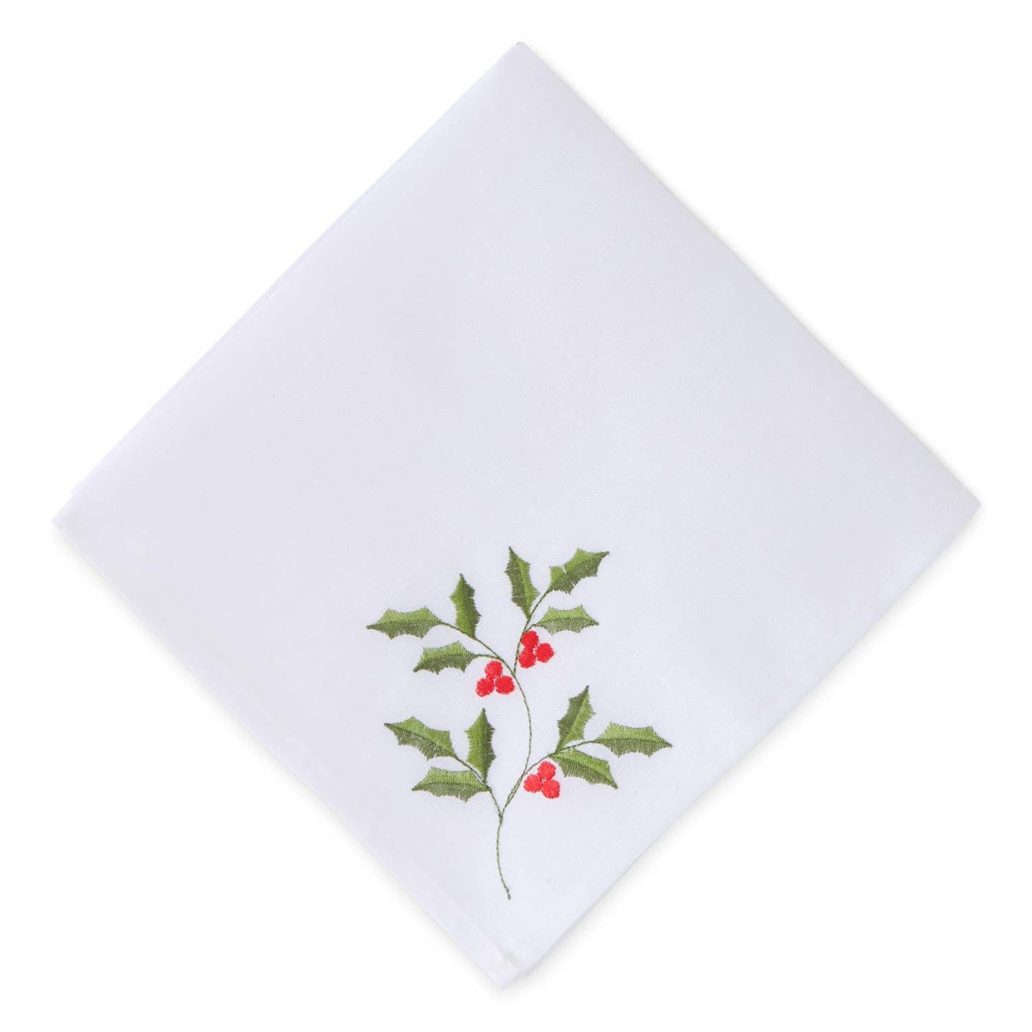 White Napkin Embroidered with Holly & Red Berries