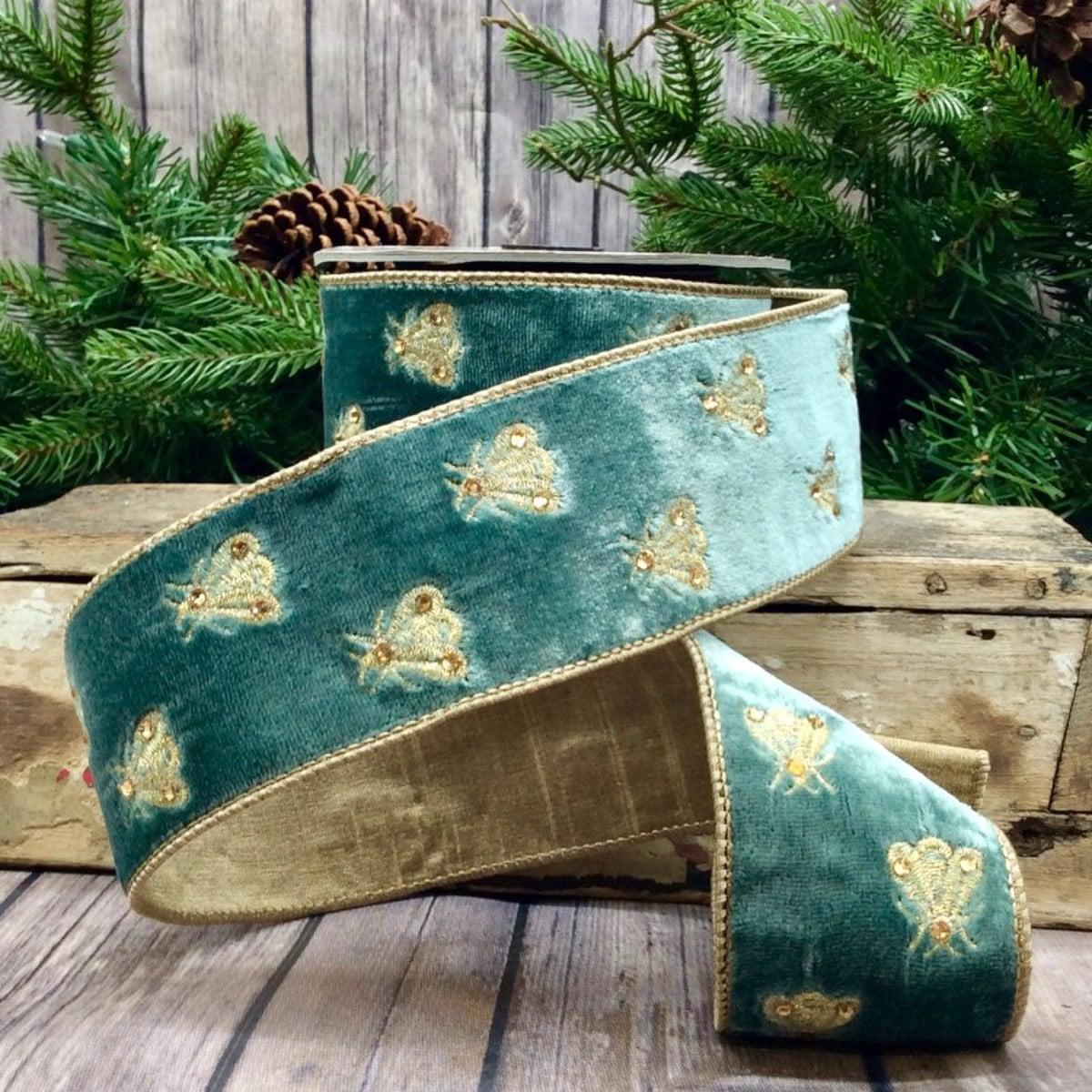Celadon Velvet Embroidery Bee Ribbon