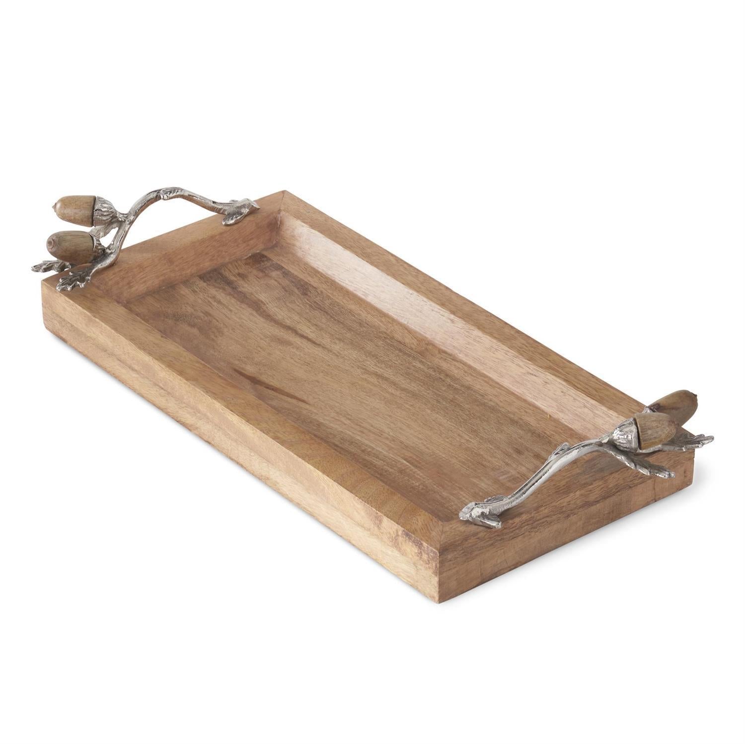 Wood Tray with Silver Handles & Acorn Accents