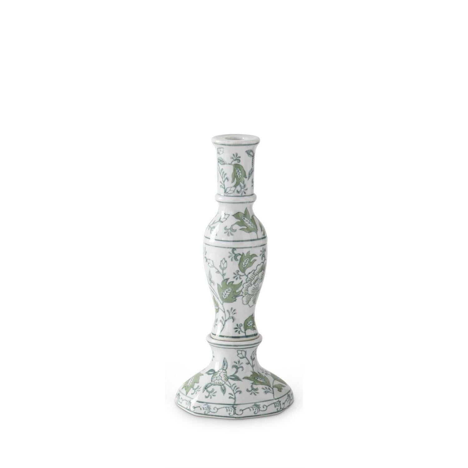 Green & White Floral Taper Candleholder