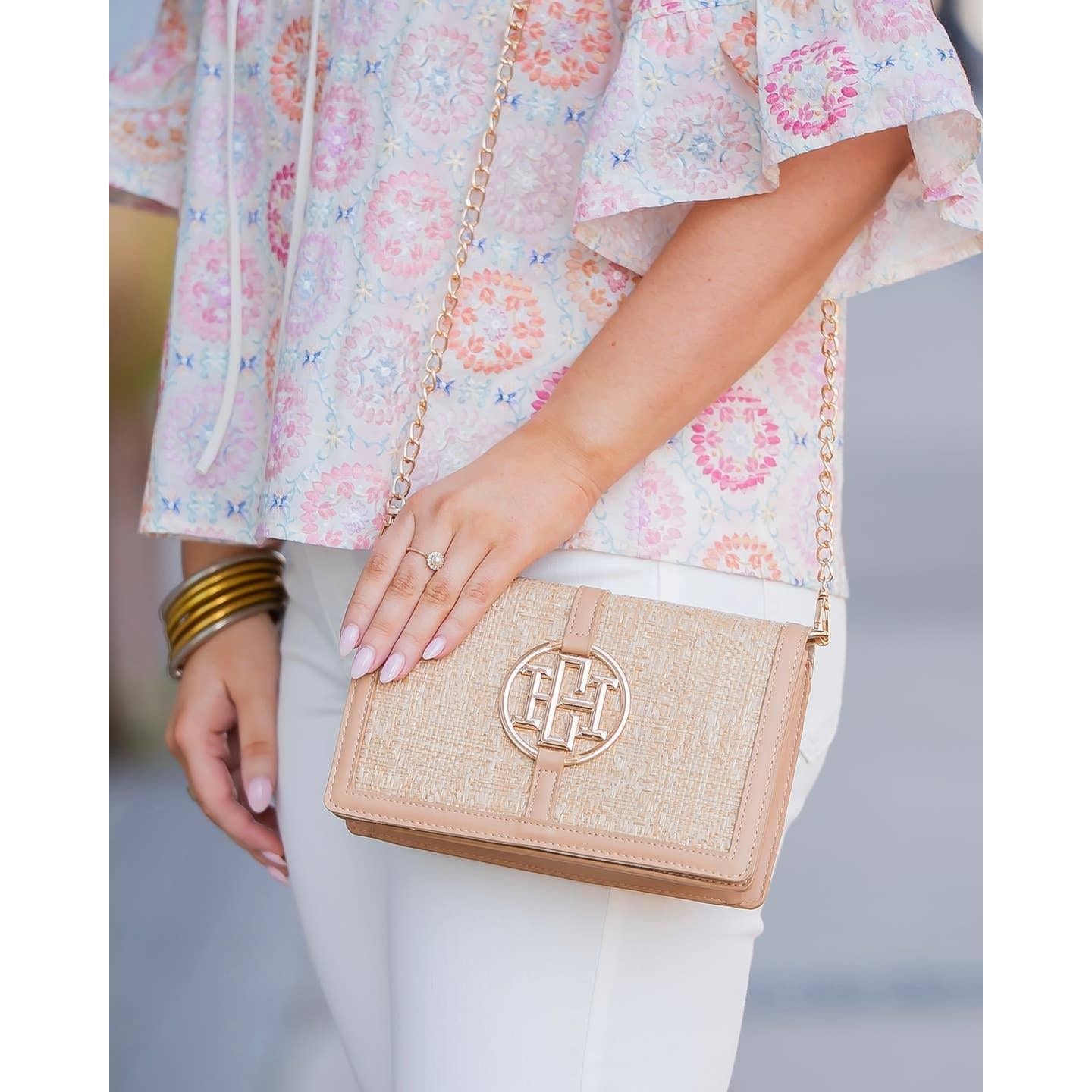 Cecilia Circle Natural Lattice Logo Handbag
