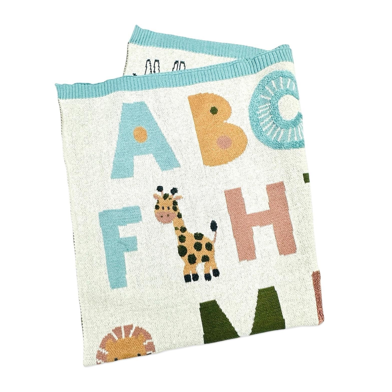 Alphabet Organic Jacquard Sweater Knit Blue Baby Blanket