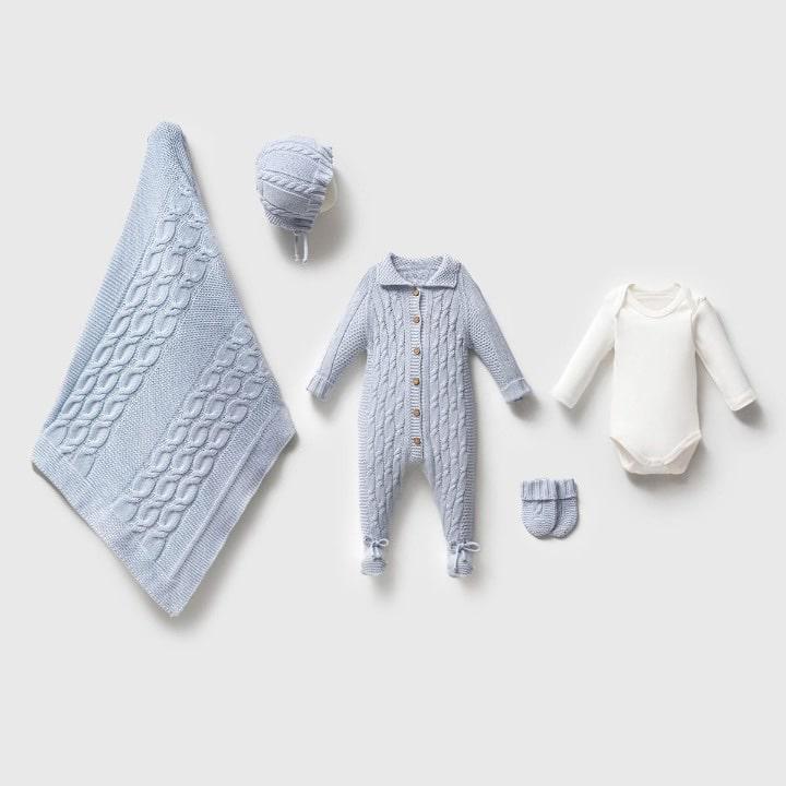 Blue Cable Knit Footed Romper Set