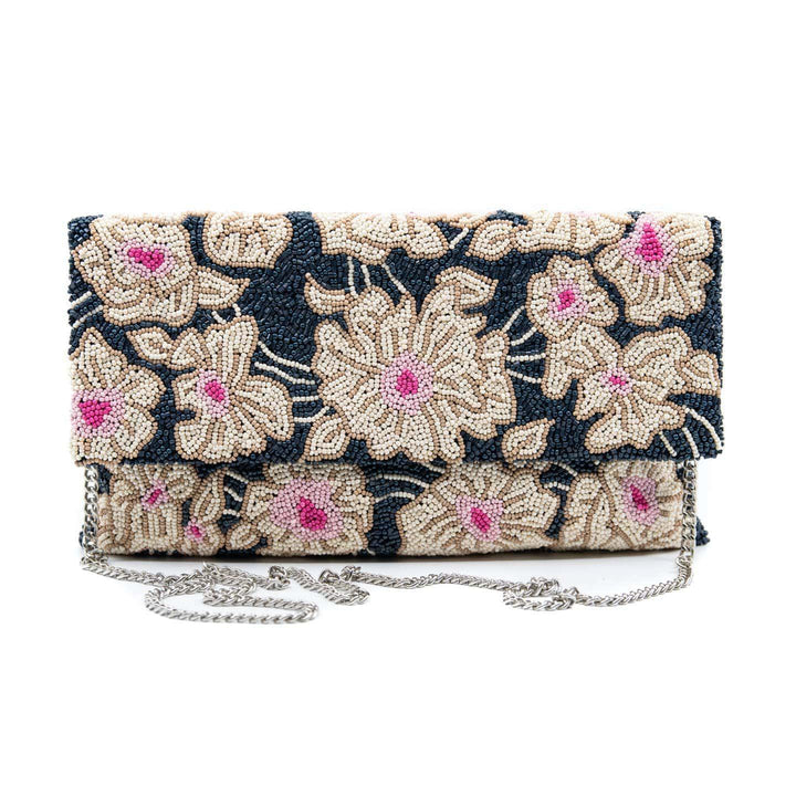 Floral Half Fold Beaded Clutch