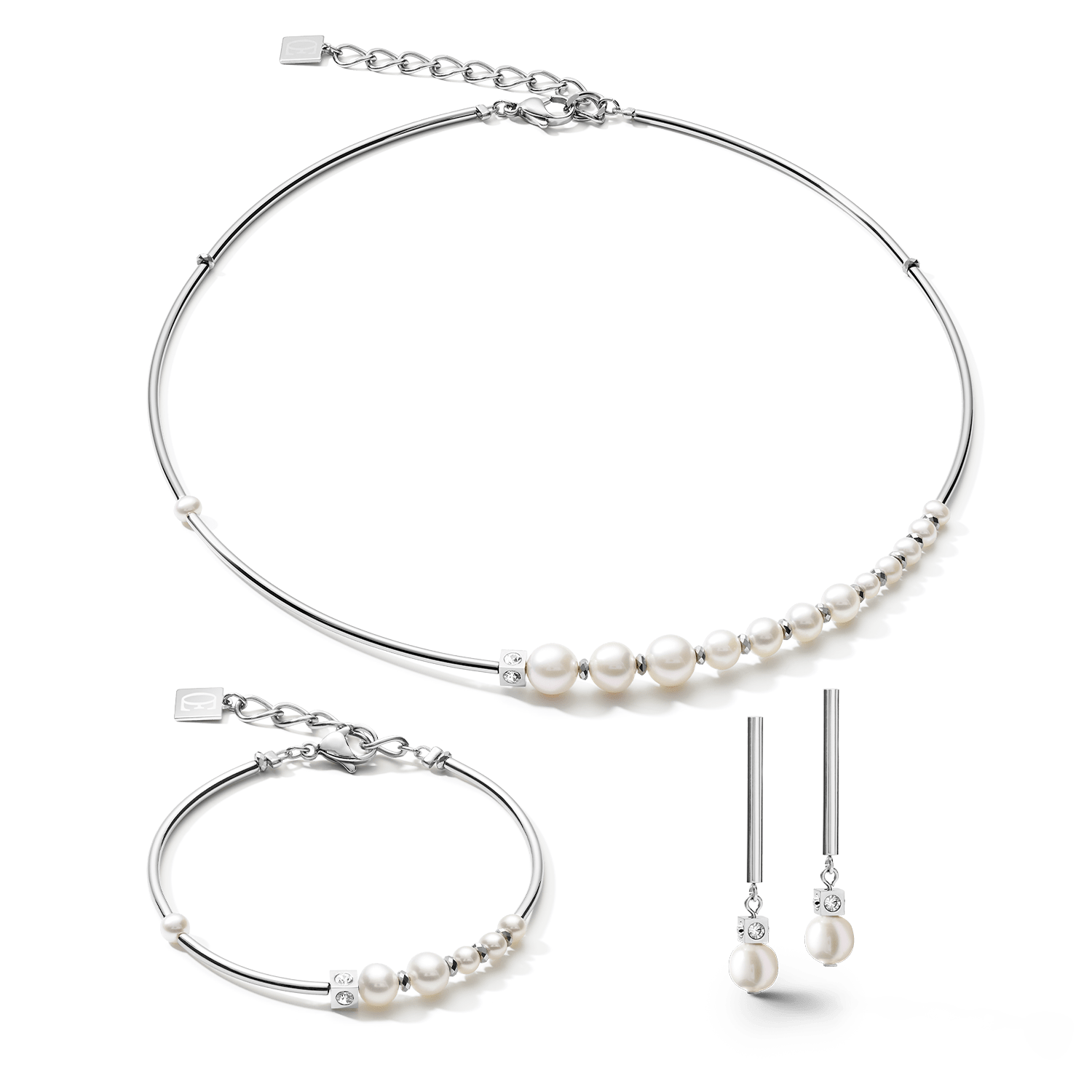 Earrings Asymmetry freshwater pearls & stainless steel white-silver