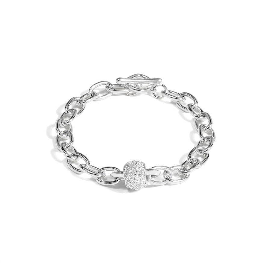 Pave Barrel Silver Chain Toggle Bracelet