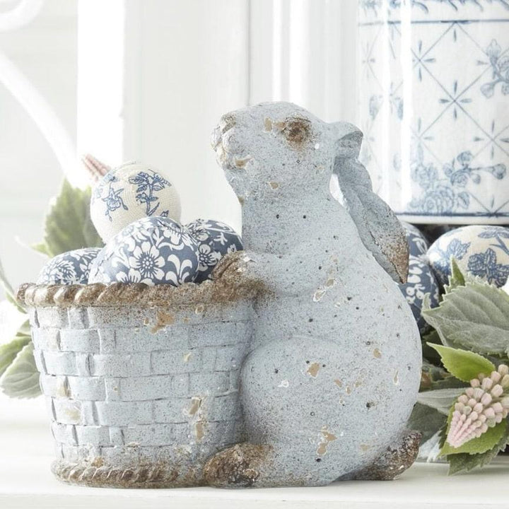 Weathered Blue Terracotta Bunny with Basket