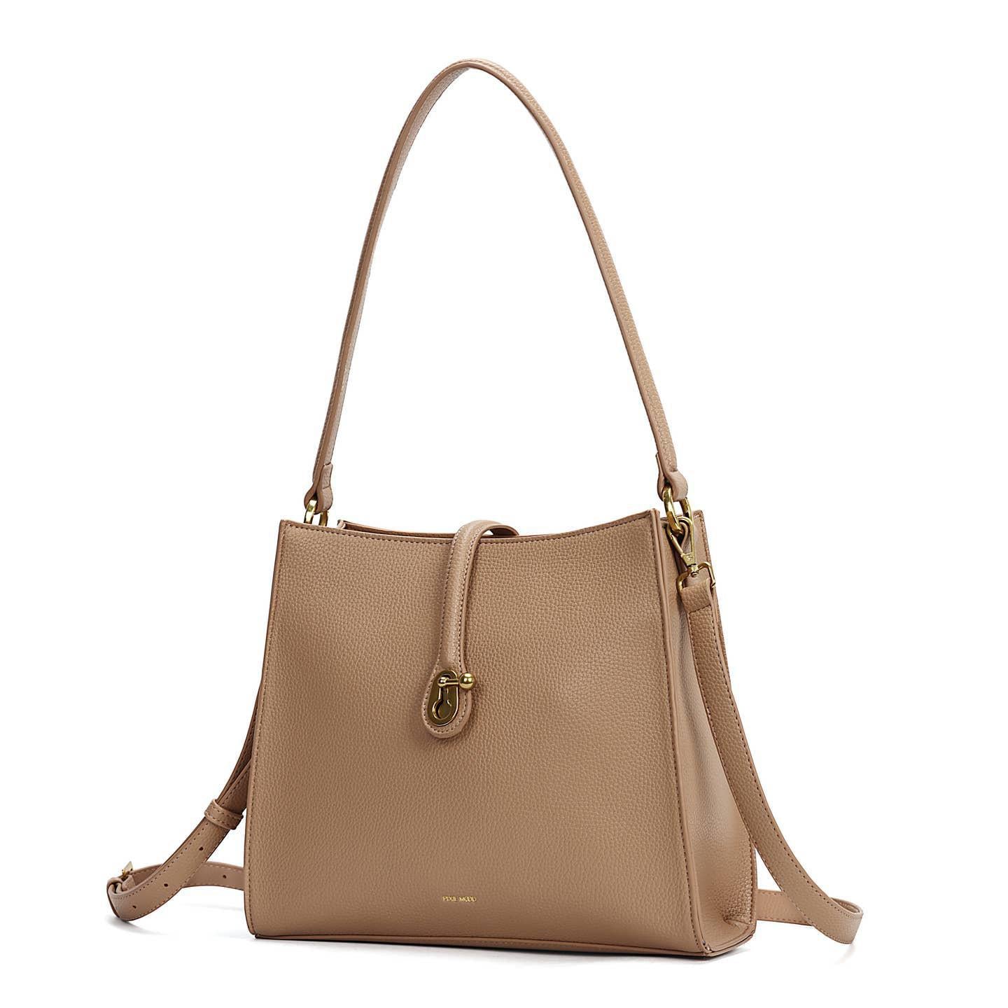 Lock Pebbled Shoulder Bag | Latte