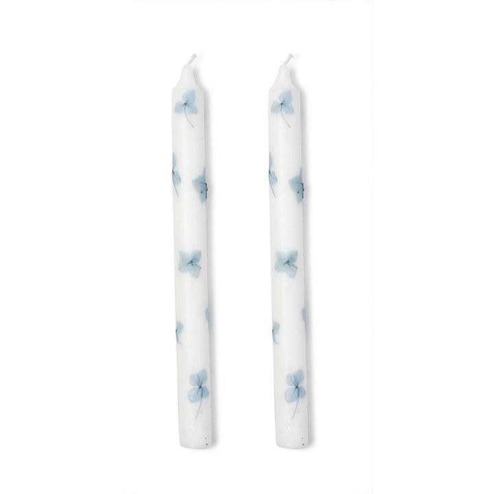 White Hand-Crafted Taper Candles with Hydrangea Petal