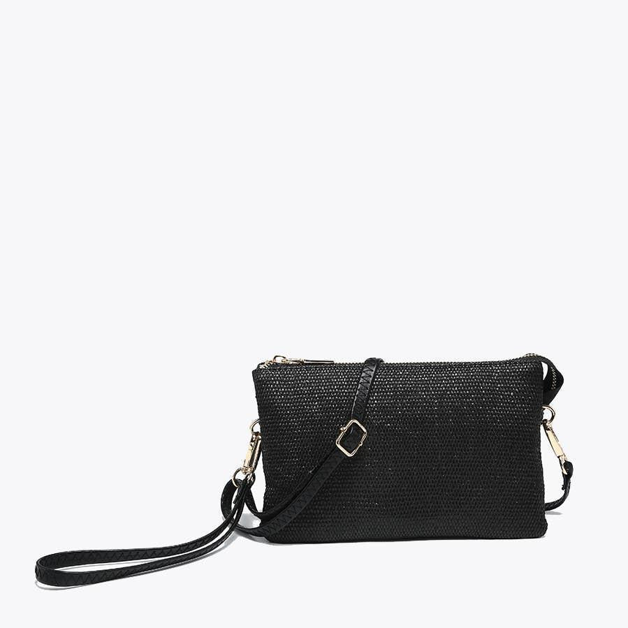 Riley Micro Straw 3 Compartment Black Crossbody/Wristlet