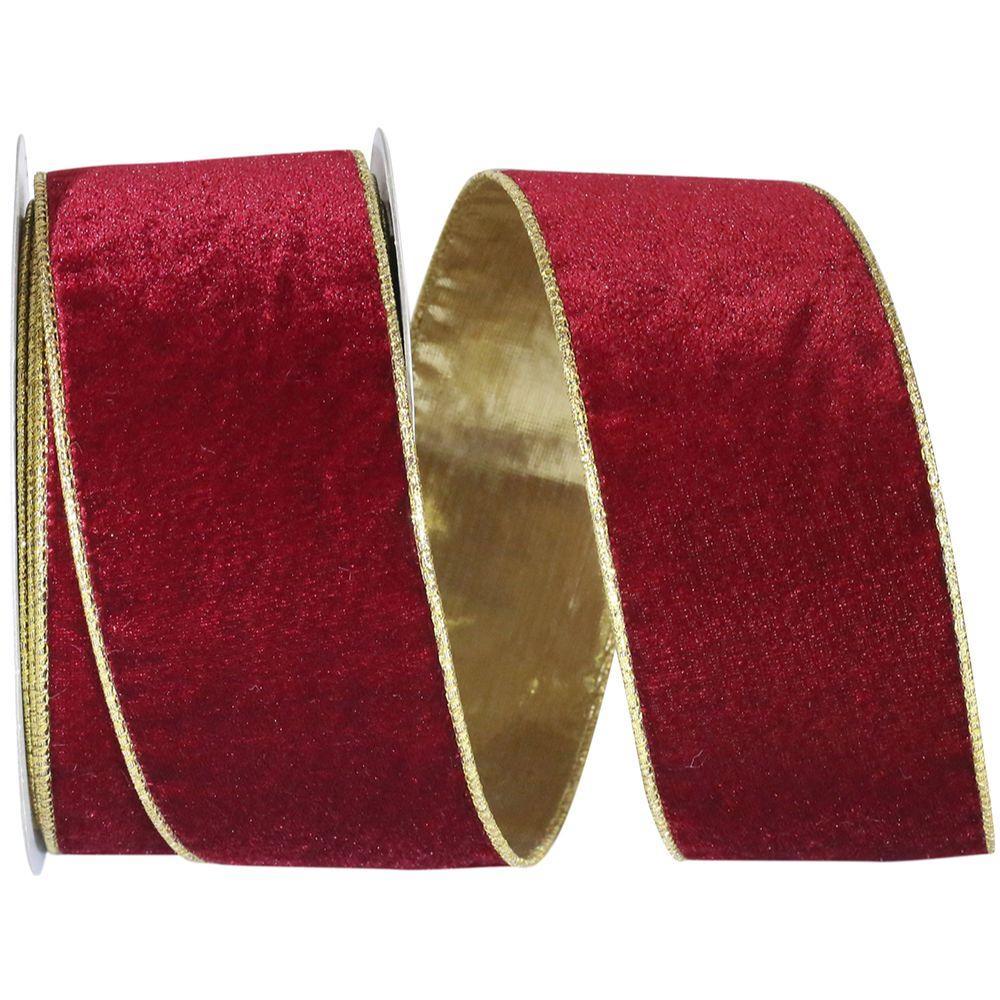Burgundy Plush Velvet Gold Metallic Shiny Backed Wired Edge Ribbon