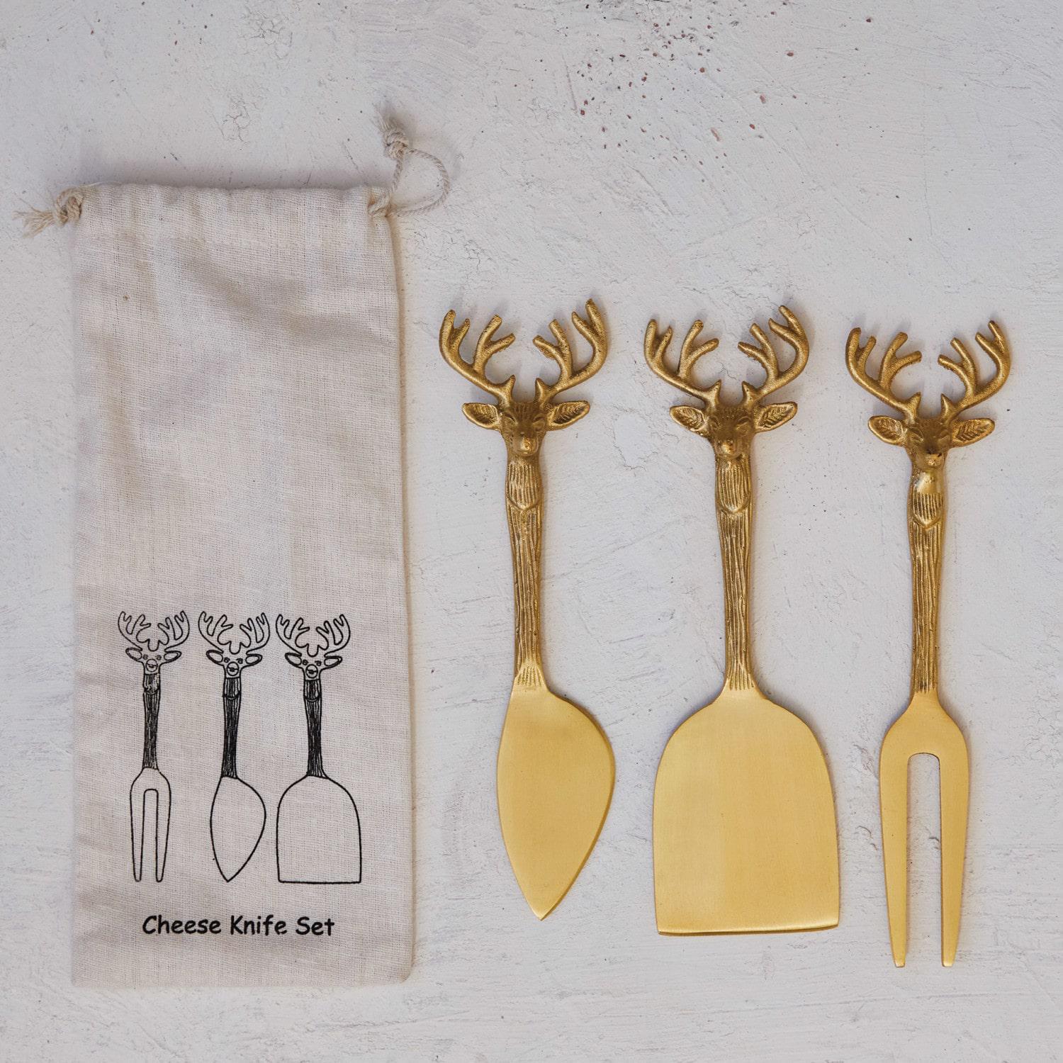 Reindeer Handle Brass Cheese Knife Set