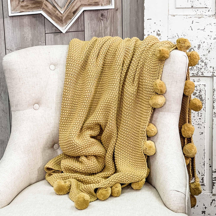 Yellow Moss Stitch Knit Throw with Pompoms