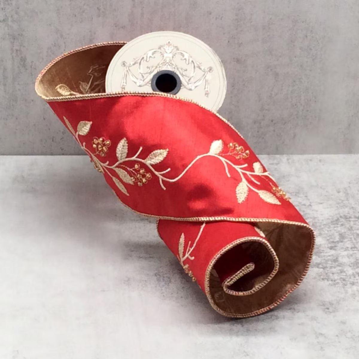 Red Dupion with Gold Embroidery Leaves and Beaded Berries Ribbon