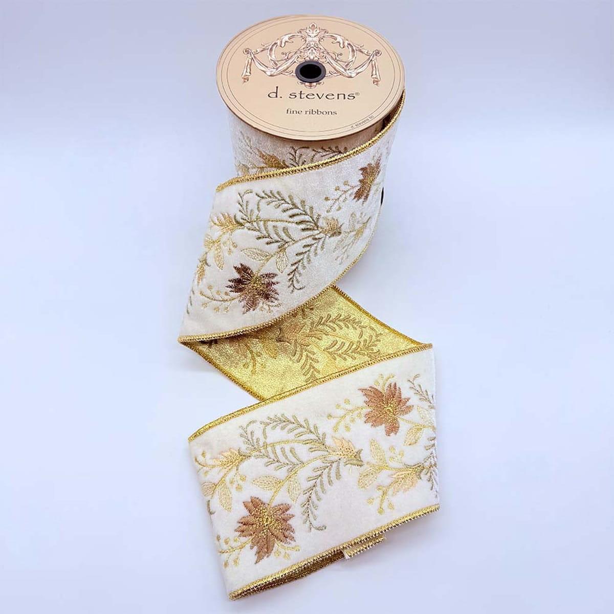 Winter White Velvet Ribbon with Sage & Berry Embroidery
