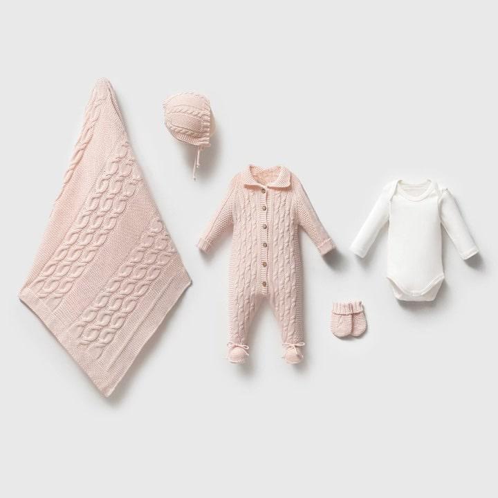 Pink Cable Knit Footed Romper Set