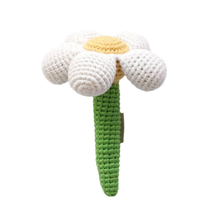 White Daisy Flower Hand Crocheted Stick Rattle