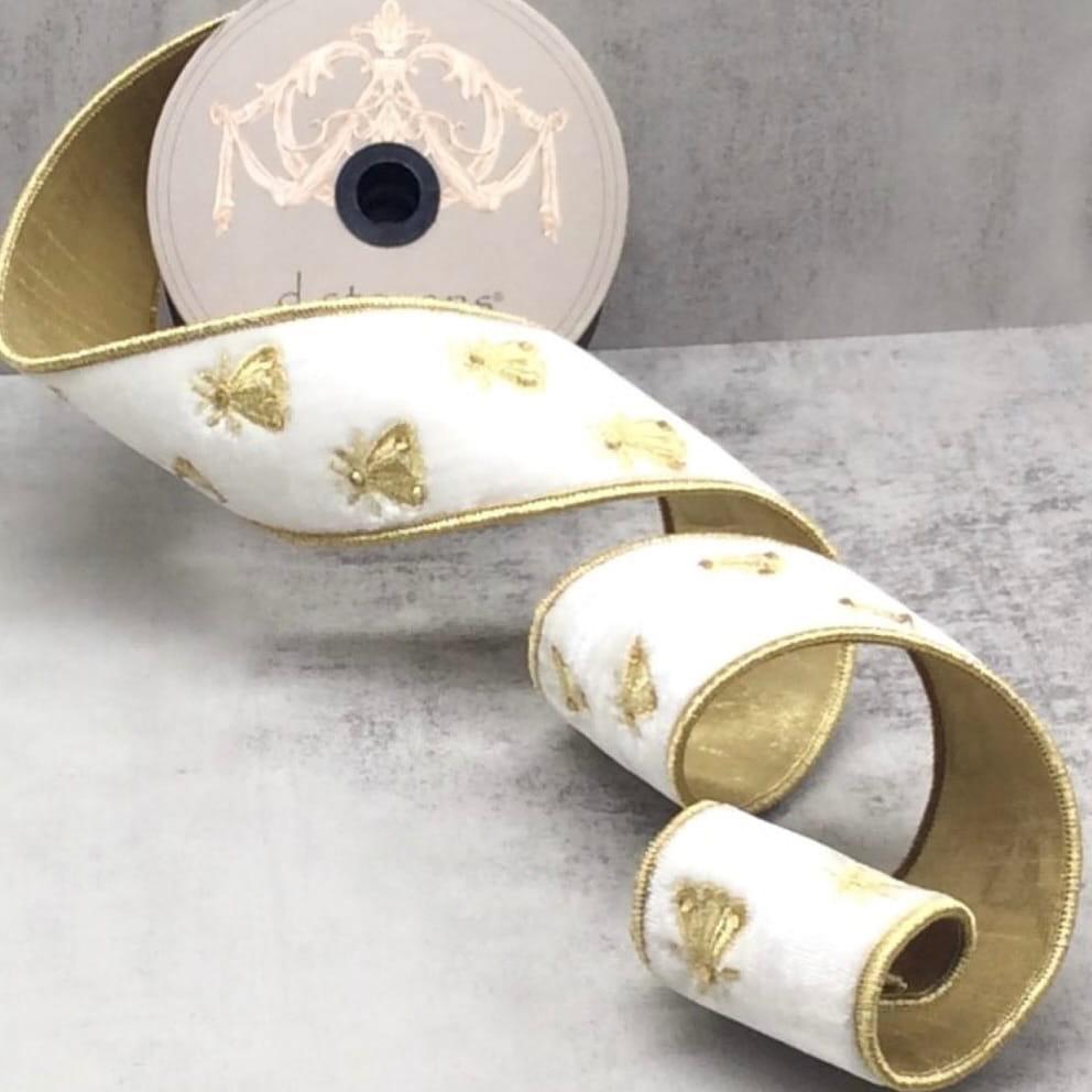 Winter White Velvet with Gold Embroidered Bees Ribbon