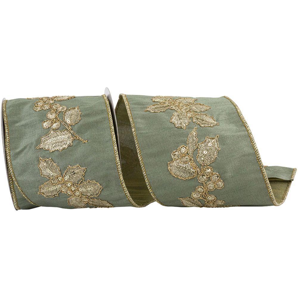 Sage Holly Metallic Stitched Embroidery Deluxe Backed Wired Edge Ribbon