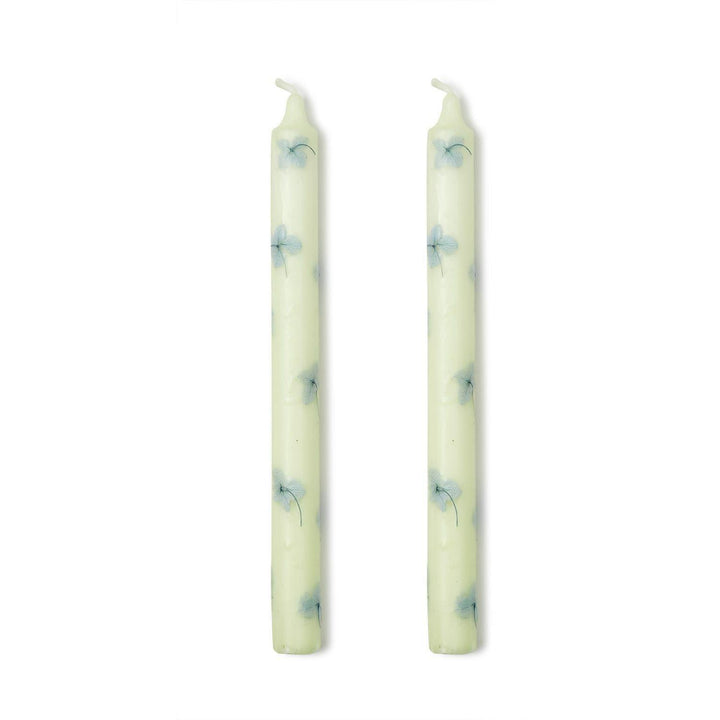 Pale Green Hand-Crafted Taper Candles with Hydrangea Petal