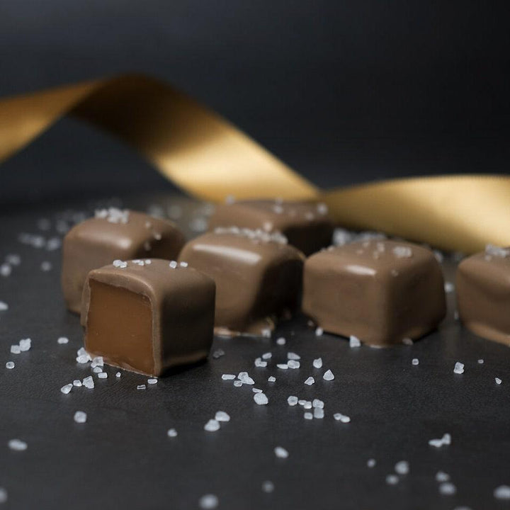 Kansas City Caramels Dipped in Milk Chocolate with Sea Salt Sprinkles