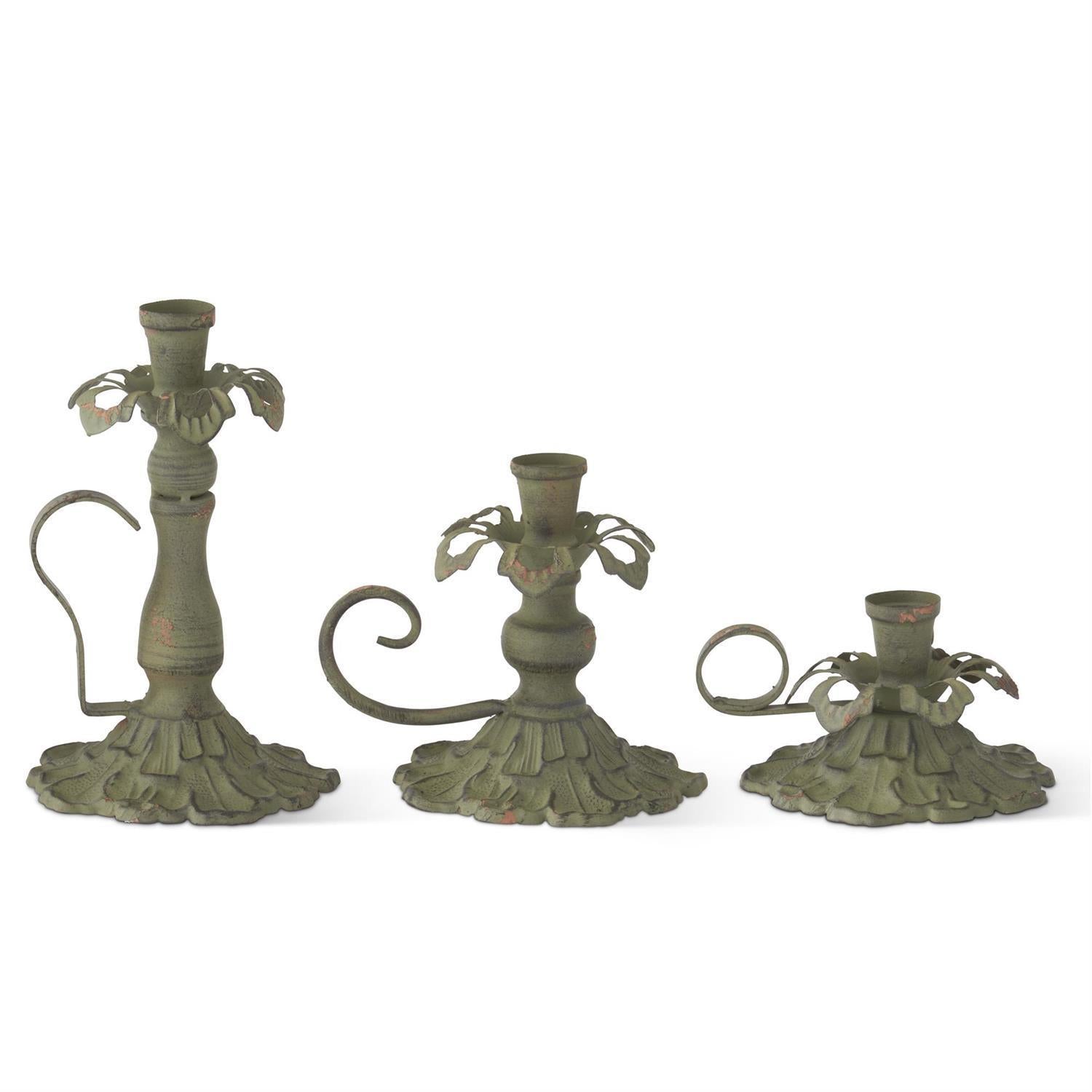 Weathered Green Metal Taper Candleholders