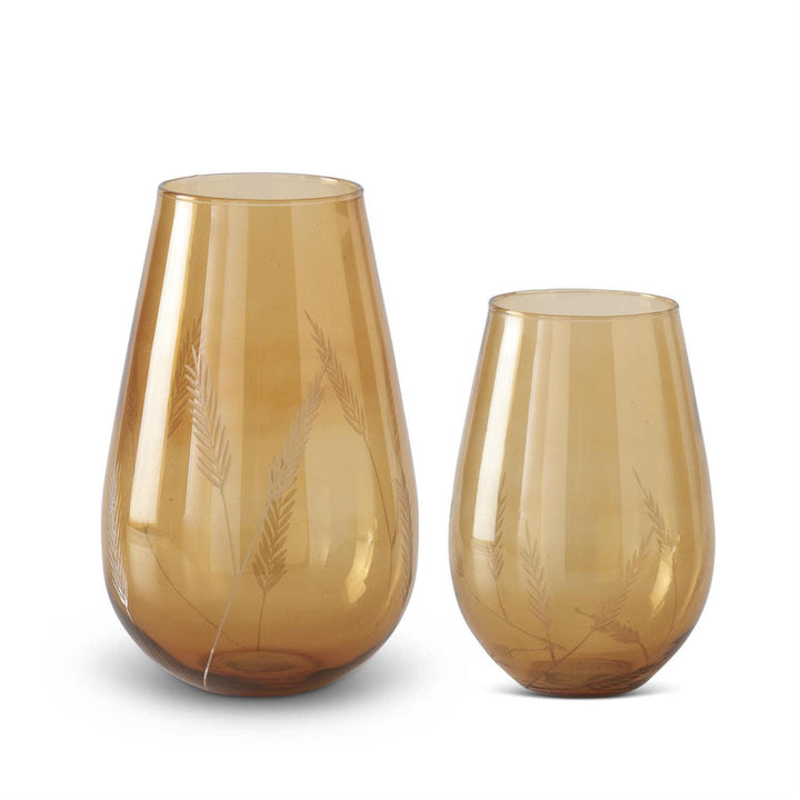 Wheat Etched Amber Glass Vase