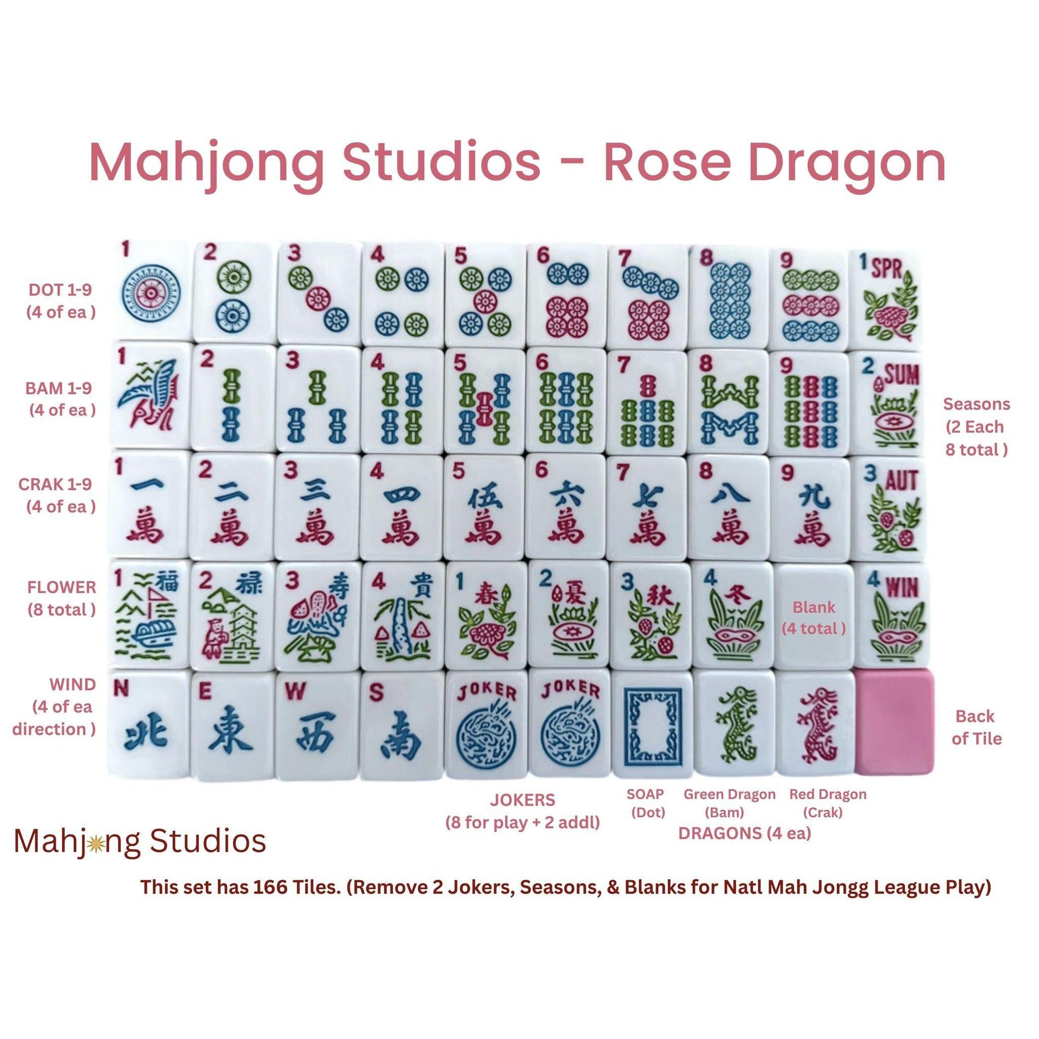 Rose Dragon Classic Mahjong Tile Set with Racks