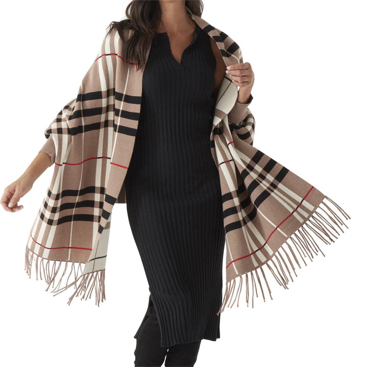 Taupe & Cream Black Plaid Wrap with Sleeves