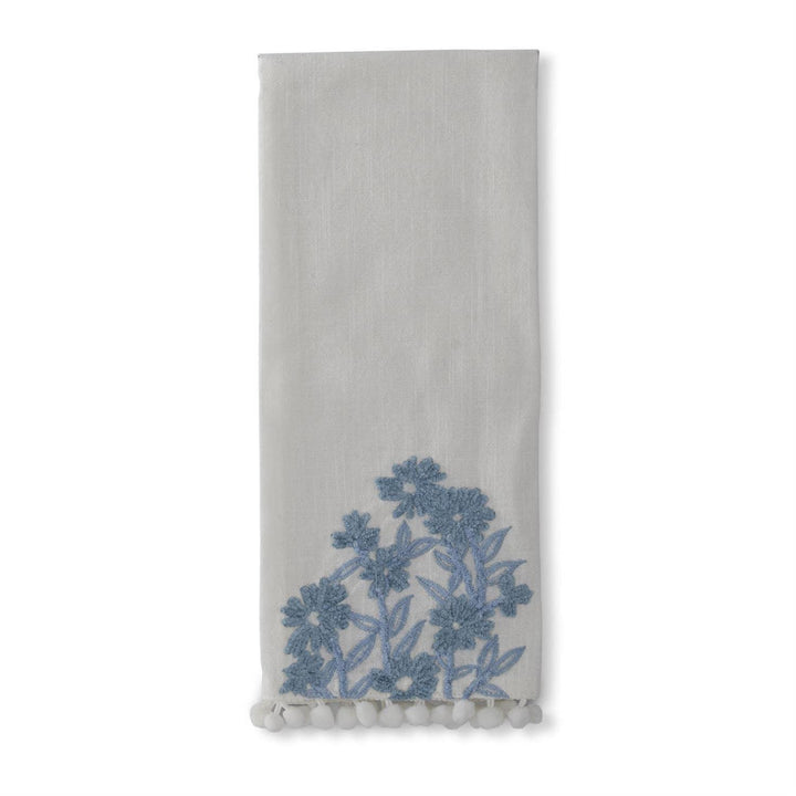 White & Blue Embroidered Linen Floral Guest Towel