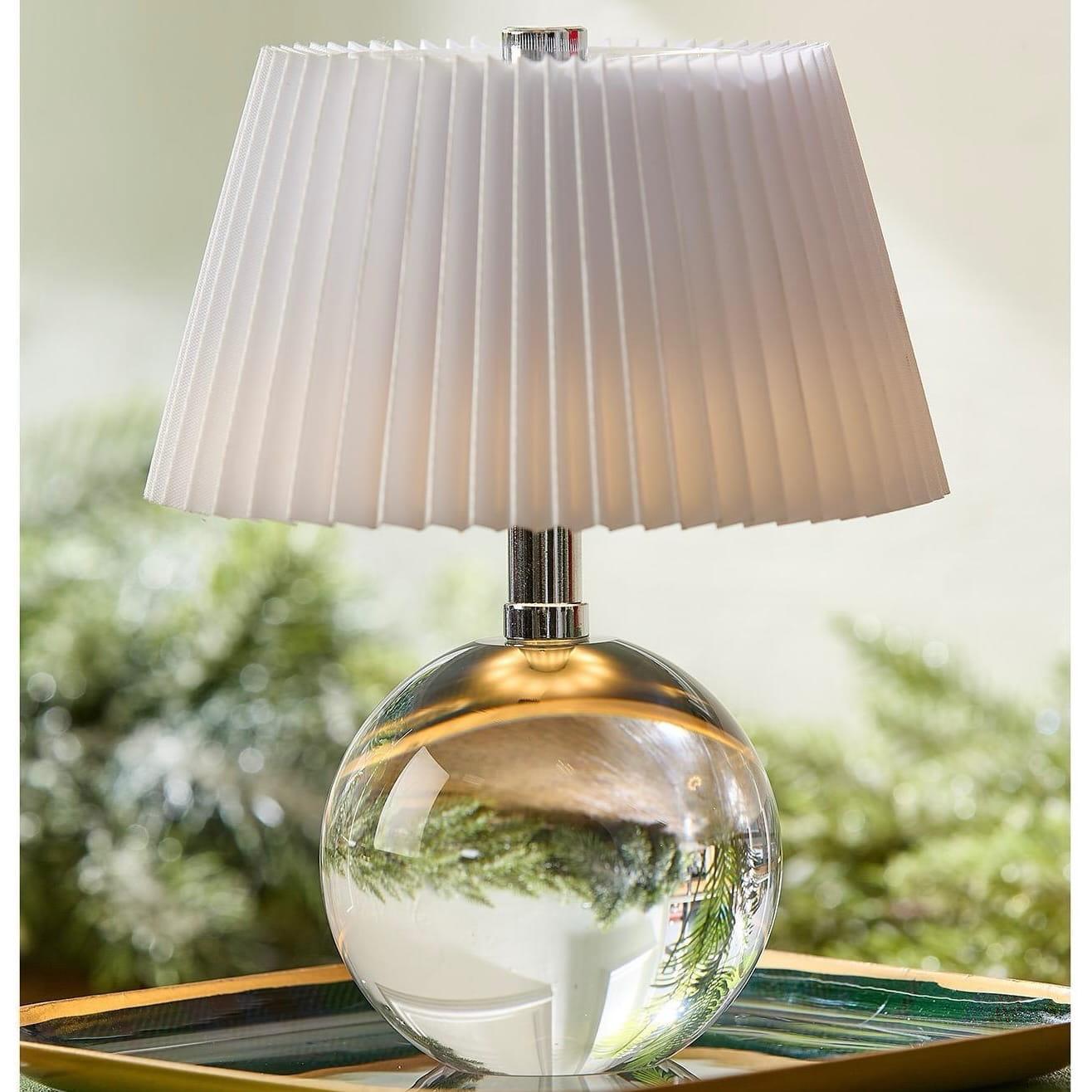 Crystal-Style Glass LED Cordless Table Lamp with White Pleated Shade