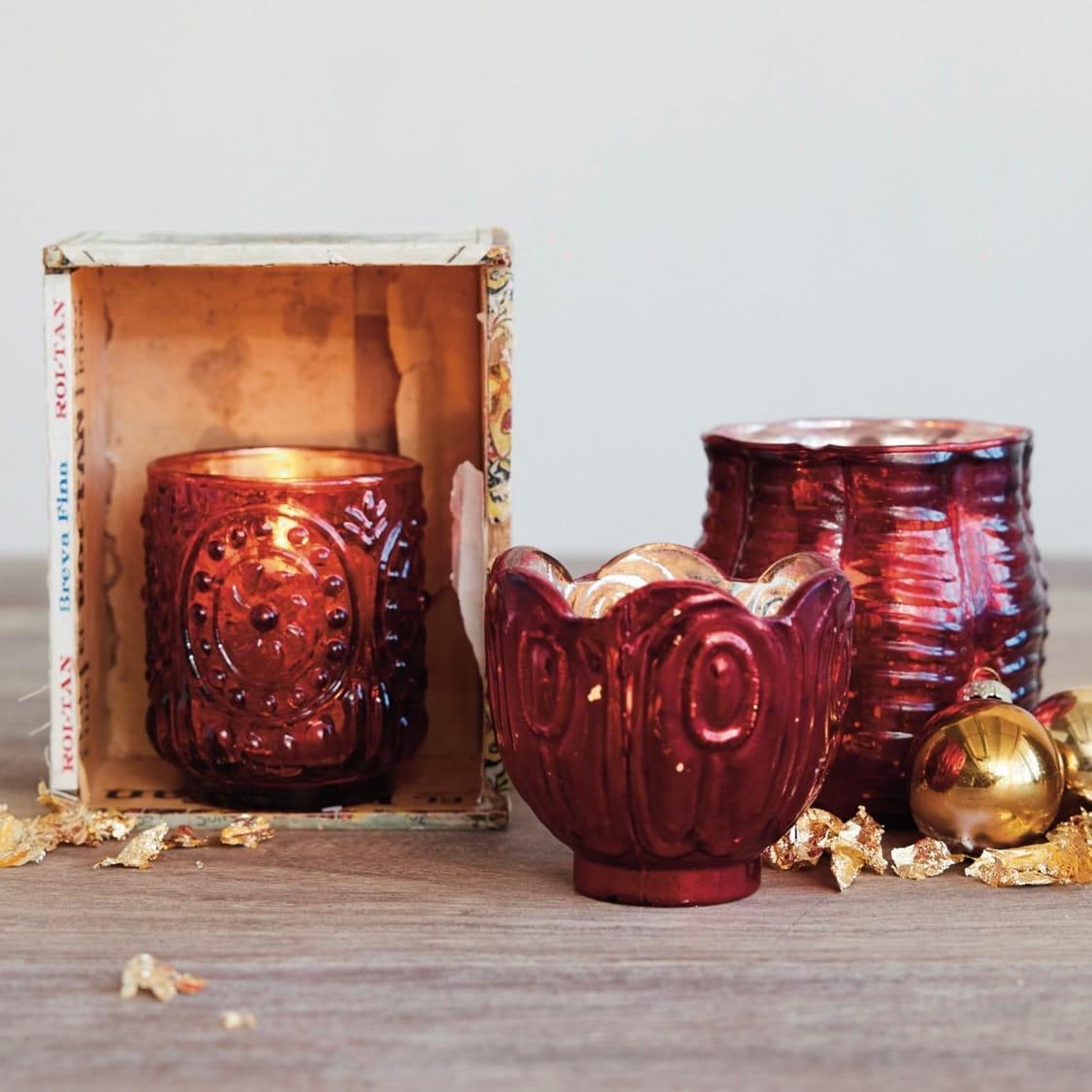 Embossed Red Mercury Glass Tealight-Votive Holder