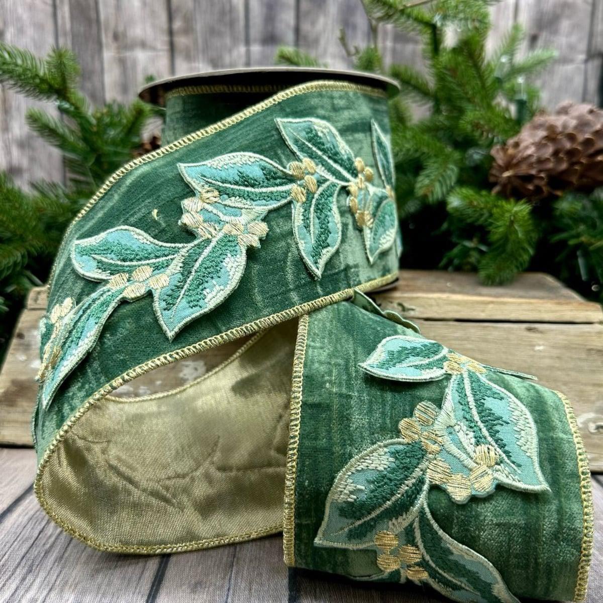 Cottage Green Velvet Embroidery Bay Leaf Ribbon