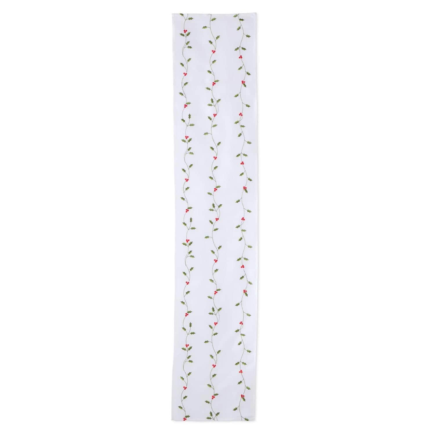 White Table Runner Embroidered with Holly & Red Berries
