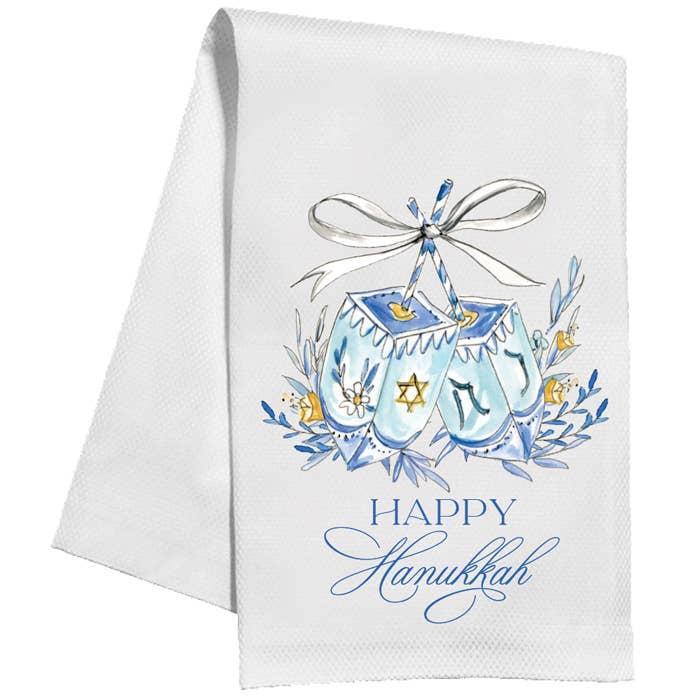 Happy Hanukkah Blue Dreidels Tea Towel