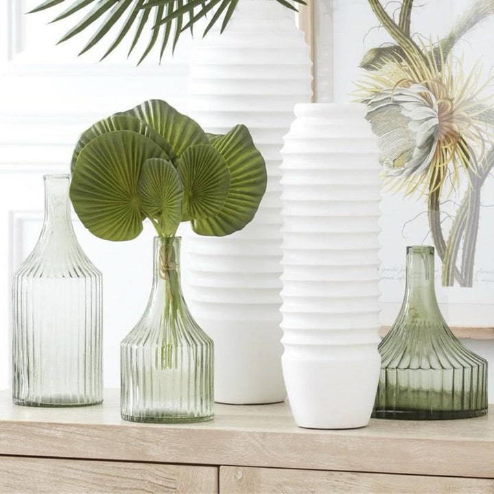 Green Glass Vertical Ribbed Vase