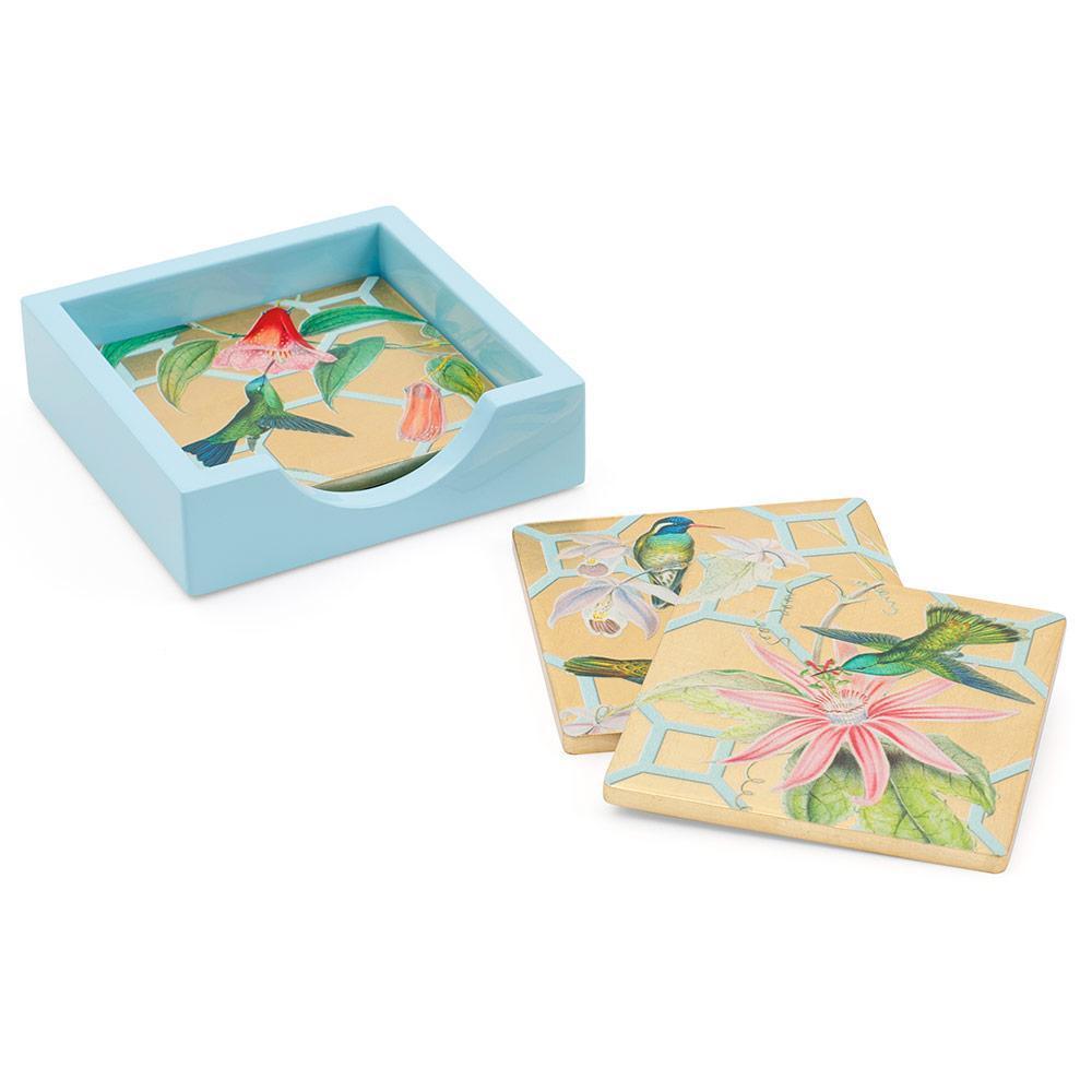 Hummingbird Trellis Gold Lacquer Coasters