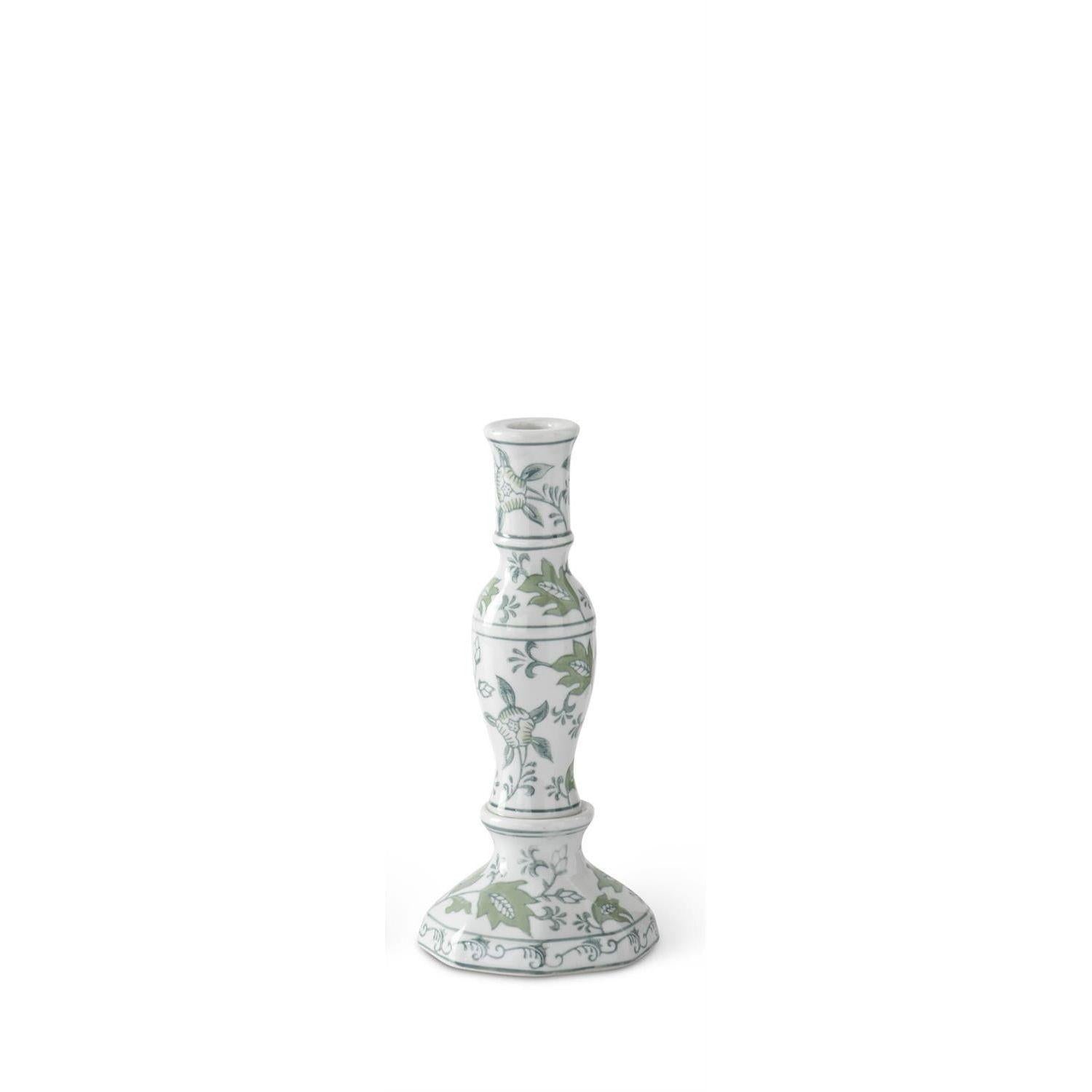 Green & White Floral Taper Candleholder